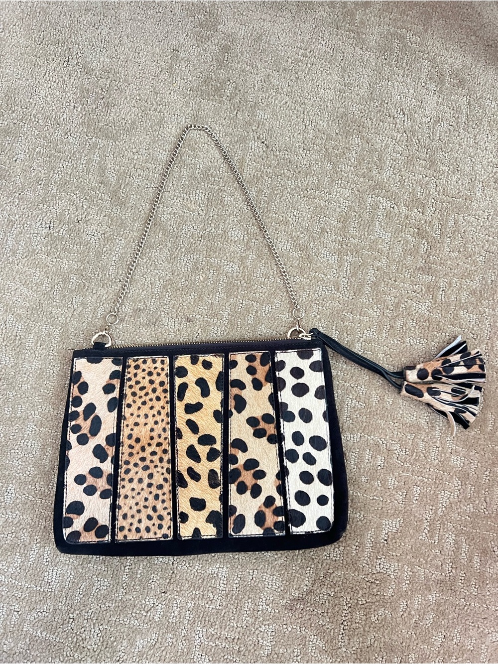 Leopard Patchwork Chain Shoulder Bag - Black & Tan